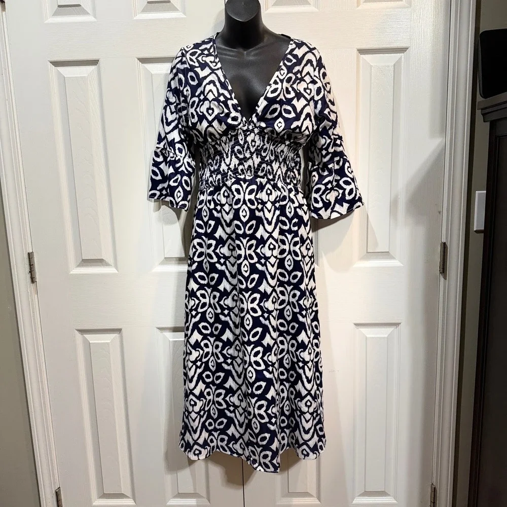 Blue White Ikat Print Midi Dress Smocked Waist V-Neck Bell‎ Sleeve Boho Womens M
